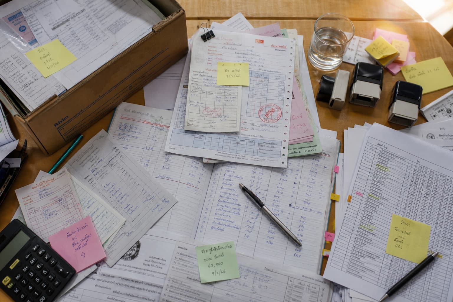 Thai SME desk covered in documents and Excel printouts, before AI ERP