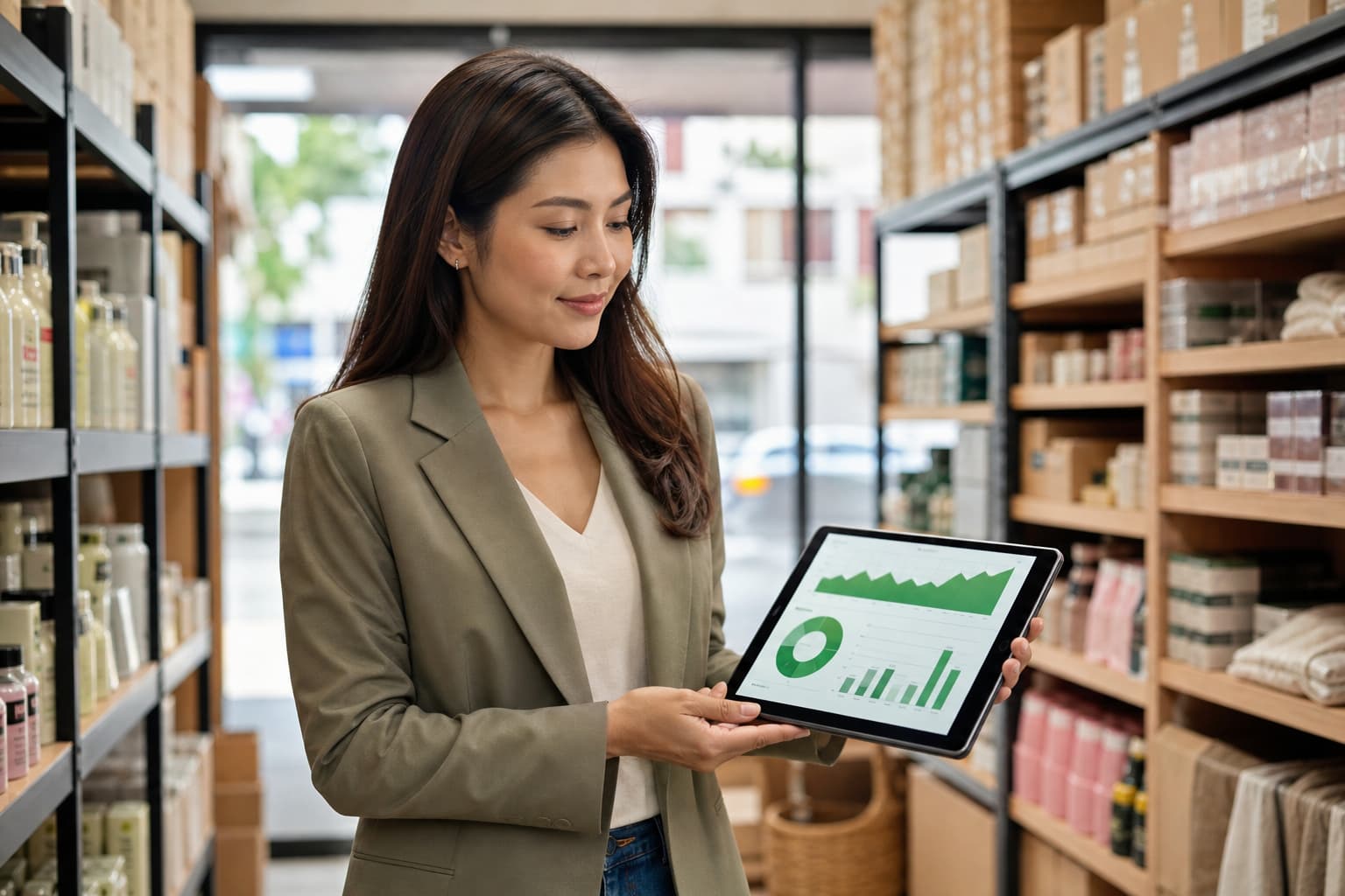 Thai SME business owner holding tablet with AI ERP dashboard