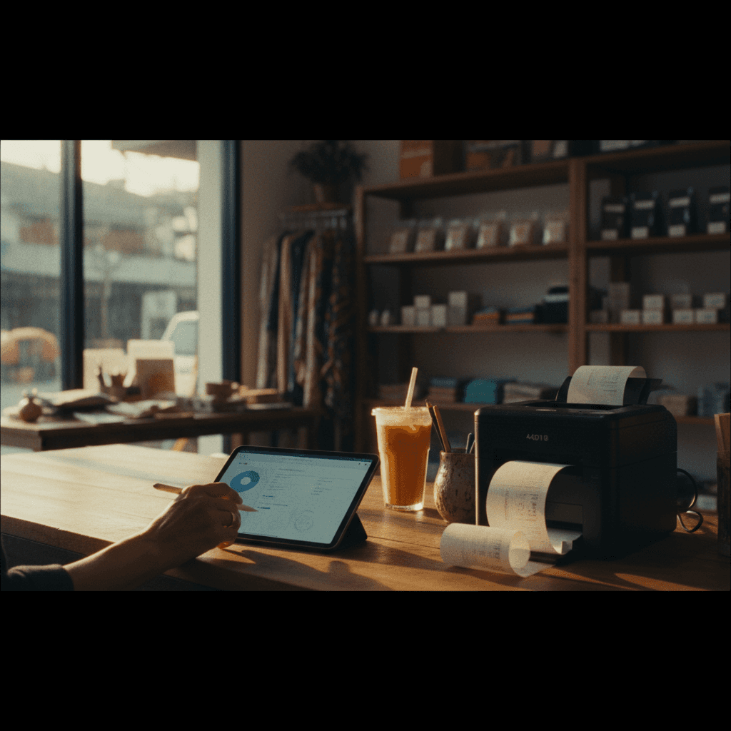 ภายในร้าน SME ไทย — มือกำลังใช้งาน iPad ที่แสดง Samoe POS แสงทองยามเช้า